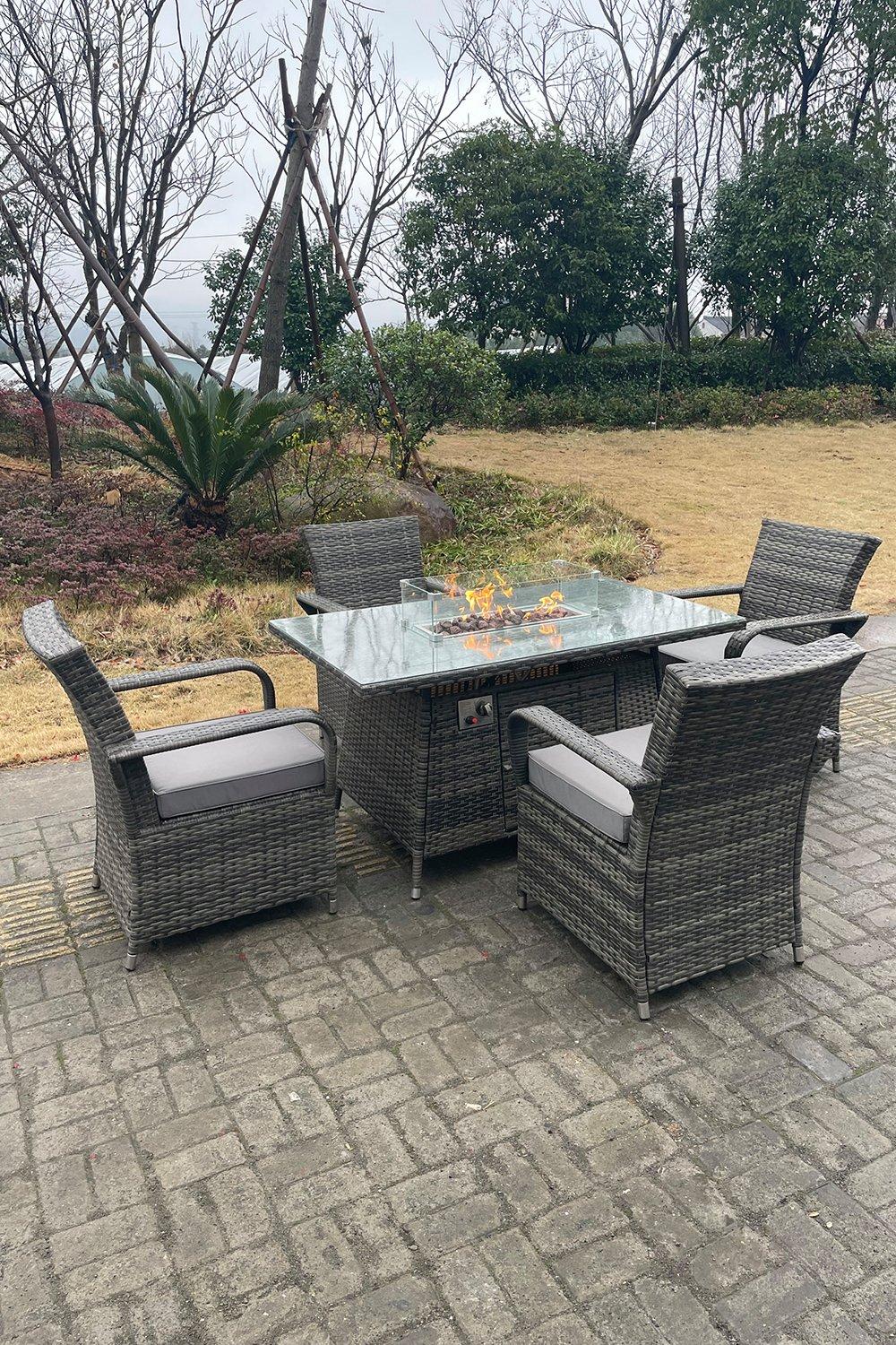 PE Rattan Gas Fire Pit Rectangle Dining Table Gas Heater Dining Tabe And Chair Set 4 Seater